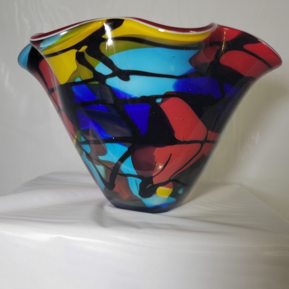 Murano Style Hand Blown Art Glass Ruffled Biwl Red Multi-Color Abstract - Picture 3 of 9